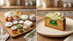 Kopiec Shreka: ciasto kajmakowe z zieloną galaretką i kremem pistacjowym